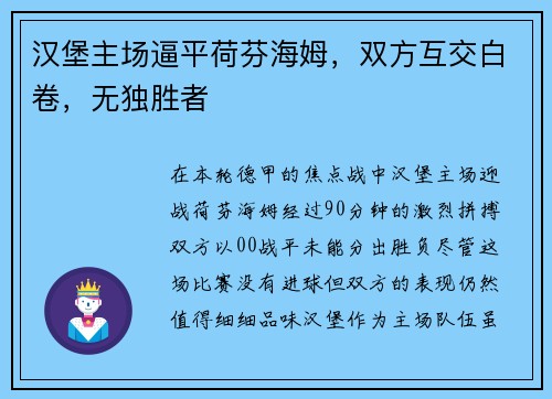 汉堡主场逼平荷芬海姆，双方互交白卷，无独胜者
