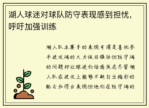 湖人球迷对球队防守表现感到担忧，呼吁加强训练