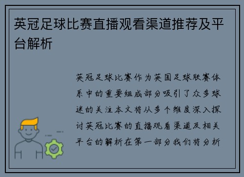 英冠足球比赛直播观看渠道推荐及平台解析